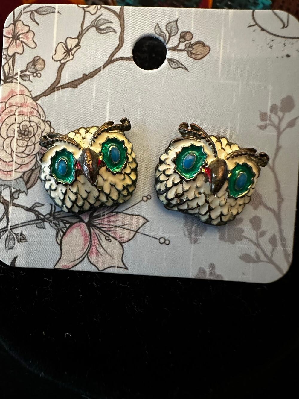 Vintage Cream Enamel Owl Stud Earrings Green Blue Eyes Gold Tone Boho Retro